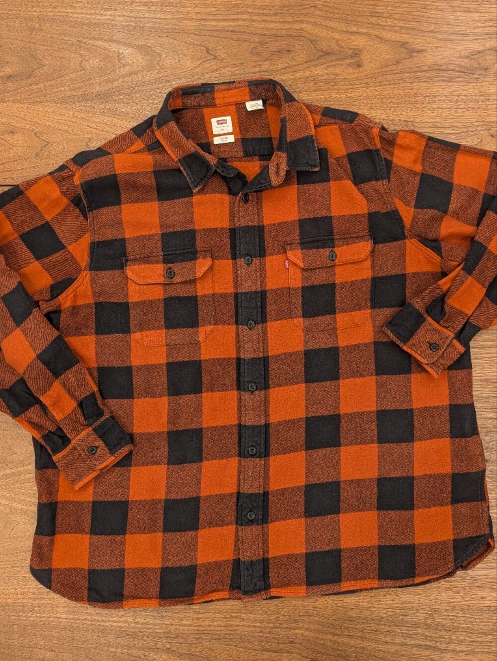 Levi’s Relaxed Fit Orange Black Buffalo Plaid Flannel Shirt XL